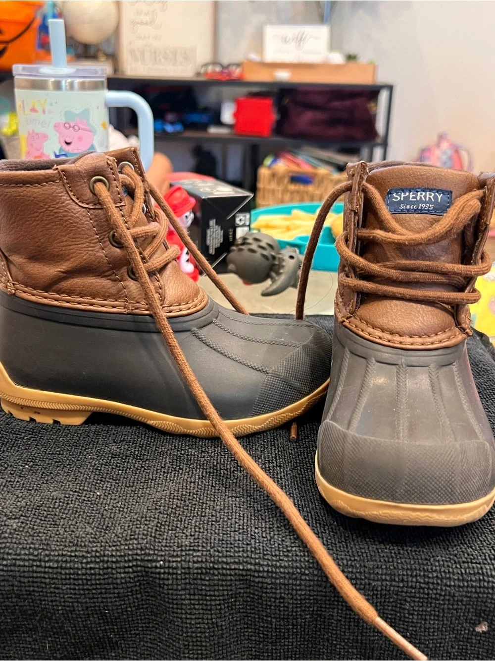 Sperry Kids Brown Leather and Gray Rubber Rain Boots